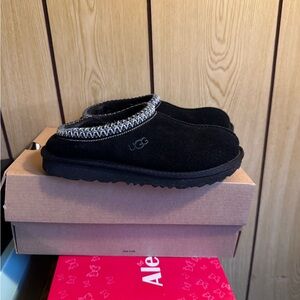 UGG Kids Black Suede Slippers with Gray Trim